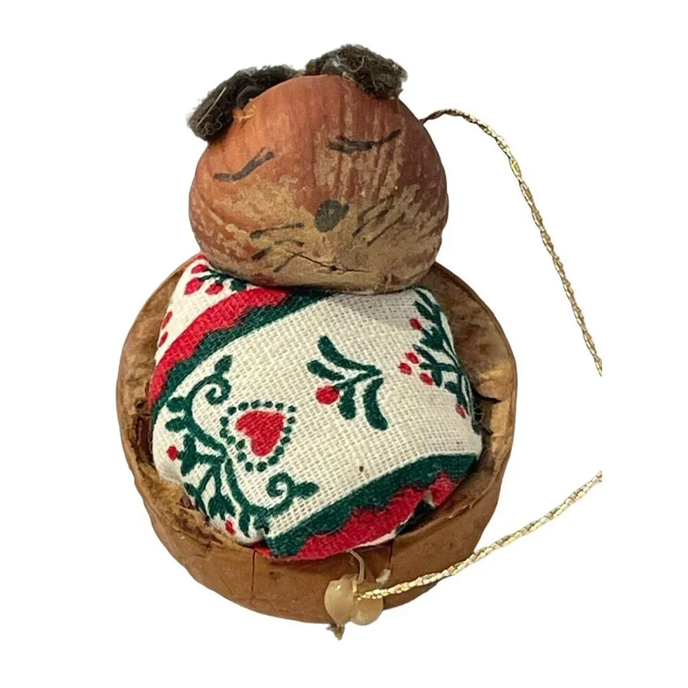 Adorable hazelnut‎ mouse in walnut cradle Christmas Ornament Handmade Vintage